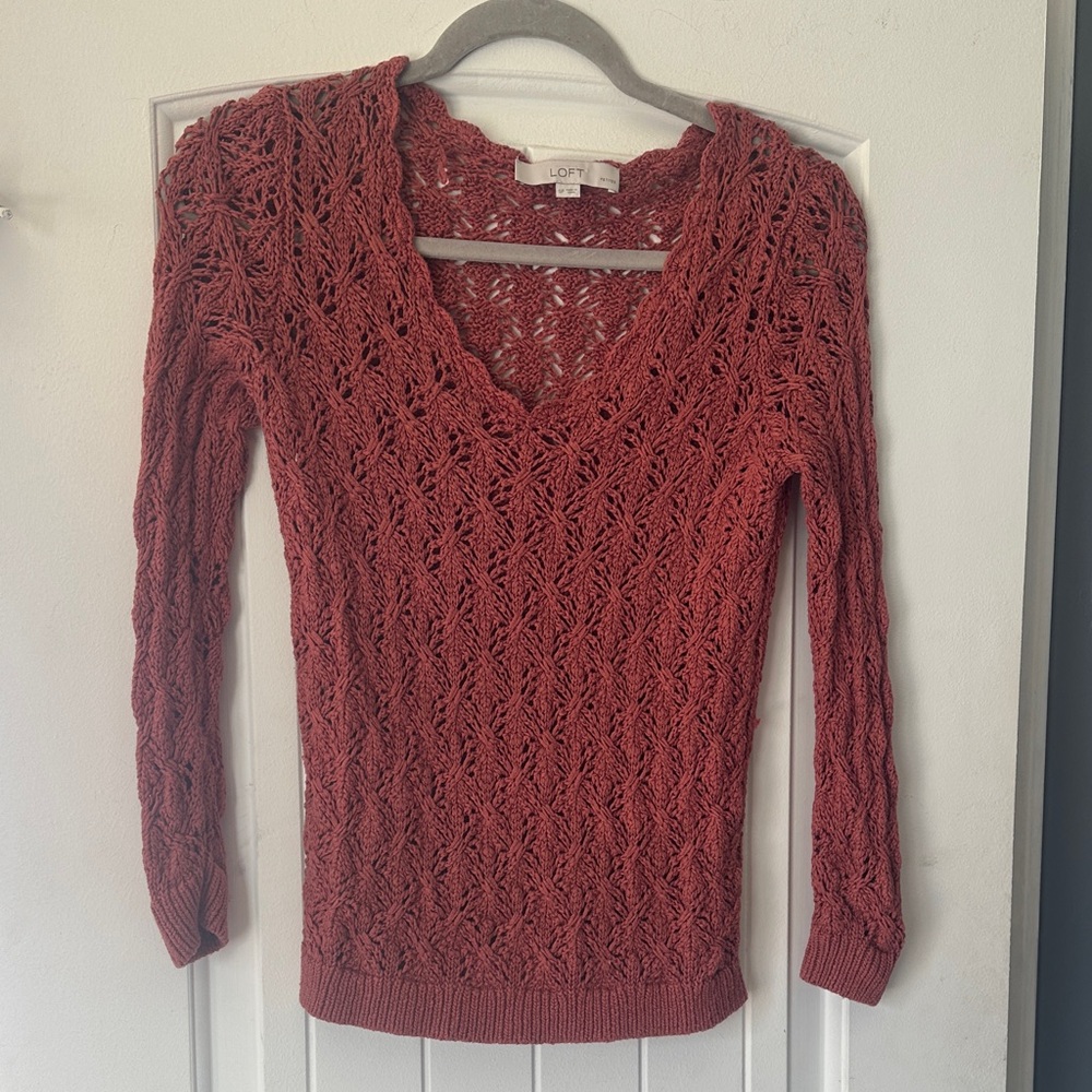 LOFT Petites Women's Cotton Burnt Orange Crotchet Knit Top-Small Petite